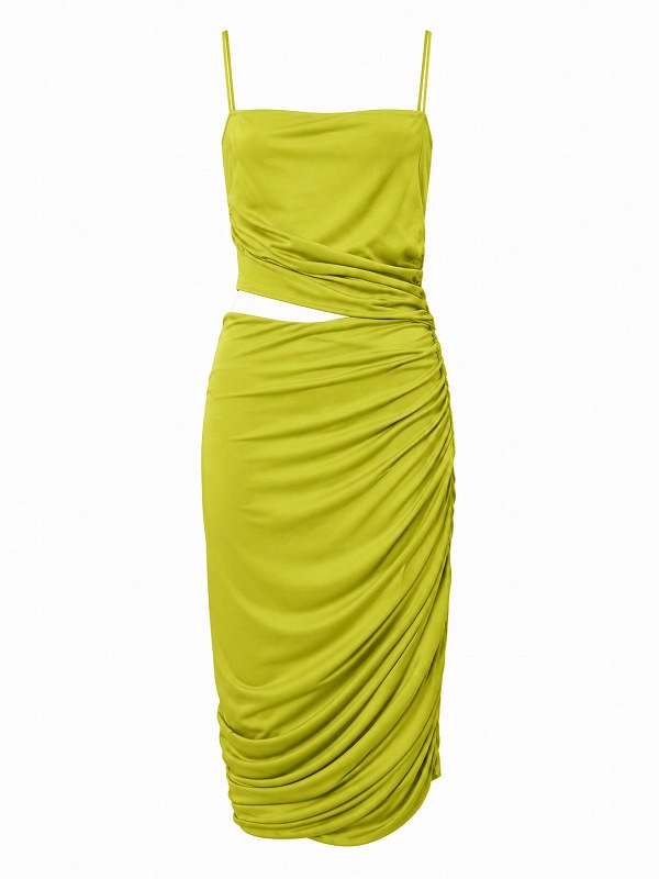 【新品DRESS 3010】ウエストアシンメトリーカットタイトミディアムドレス グリーンイエロー【HALSTON】